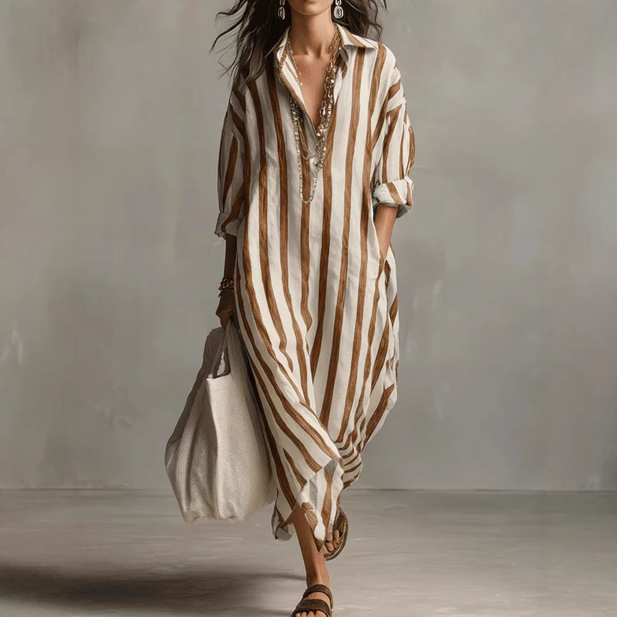 Loose V-neck Long Striped Shirt Dress