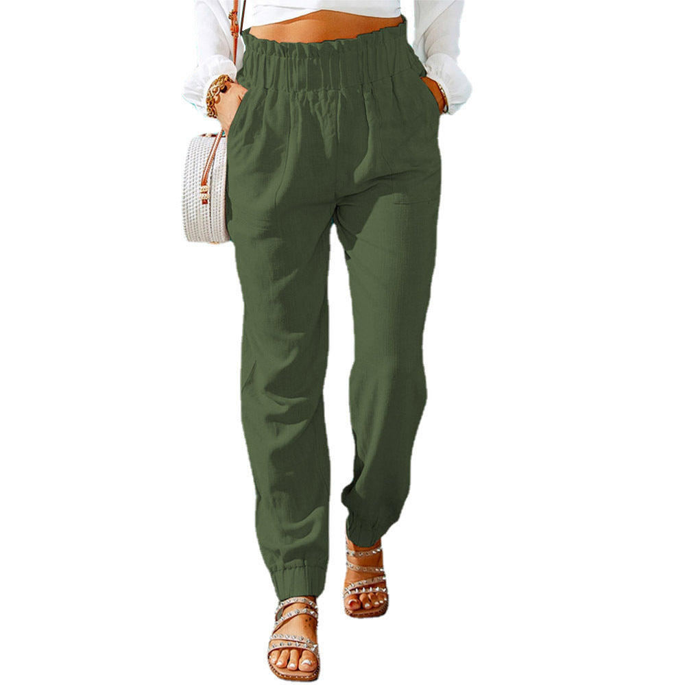 Ruffled Elastic Waistband High Waist Trousers