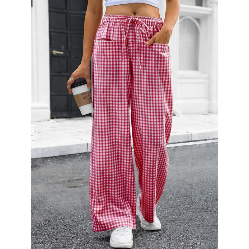 Pantaloni Loungeleisure Gessati a Vita Alta con Gamba Larga e Coulisse