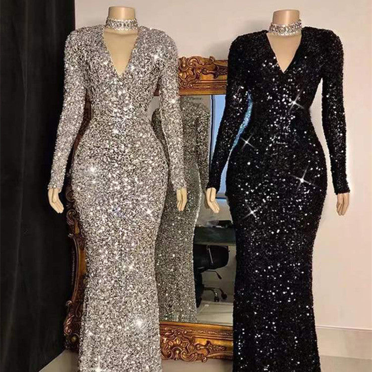 Vestito da sera lungo grigio con paillettes e maniche lunghe