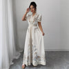 Paisley-patterned, High-waisted, Stand-collar Lace-trimmed, Draping Maxi Dress