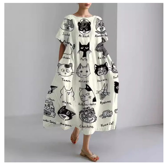 Casual Round-Neck Fashionable Short-Sleeve Printed Dress For Cats
