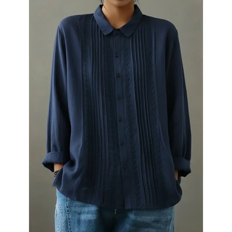 Womens Cotton-Linen Long-Sleeve Loose Shirt With Lace Trim