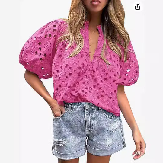 Top da donna casual elegante in pizzo traforato