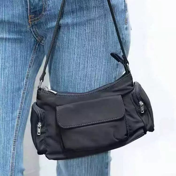 Nylon Simple Black Lightweight Double Pocket Bag