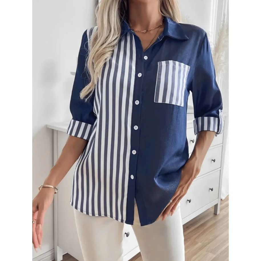 Camicia da donna casual con revers, a righe e blocchi di colore
