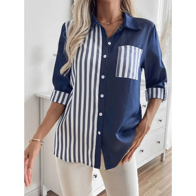 Womens Casual Striped Solid-Color Patchwork Lapel Shirt