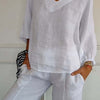 T-shirt da donna a maniche lunghe con scollo a V a tinta unita