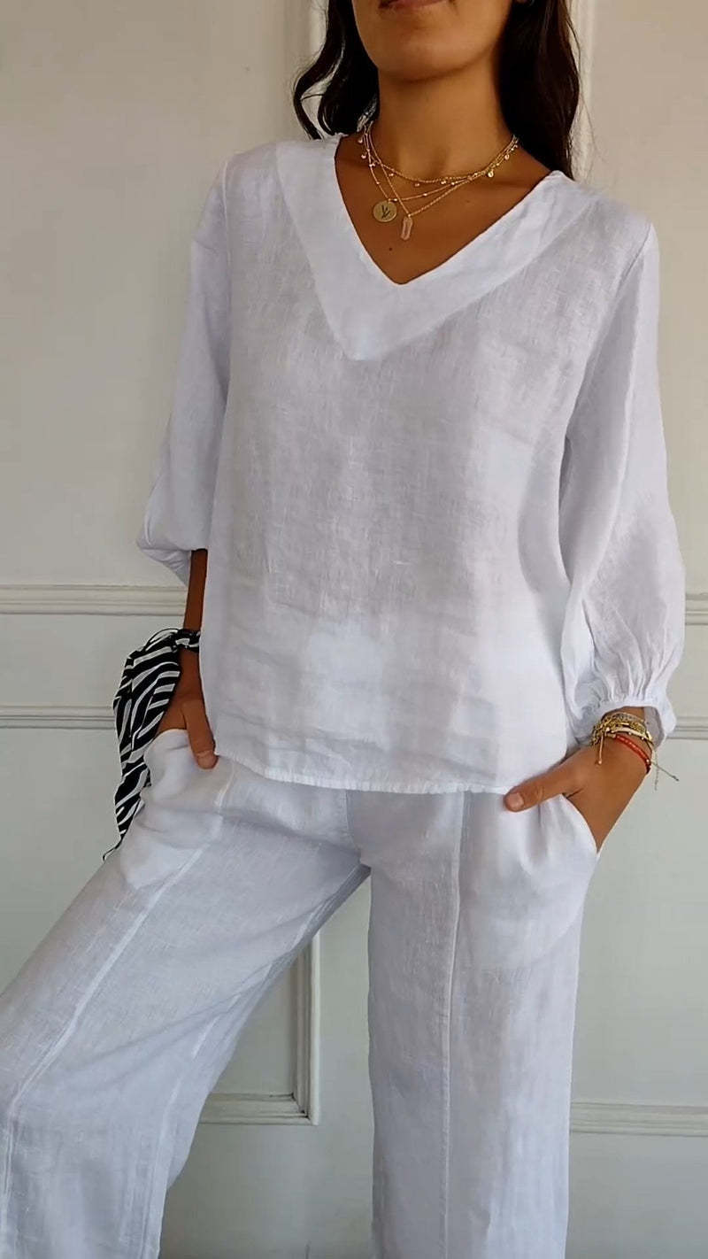 T-shirt da donna a maniche lunghe con scollo a V a tinta unita