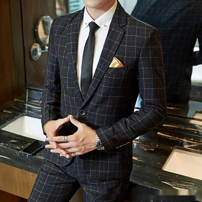 Abito da uomo in stile coreano, vestibilità slim, a quadri, casual