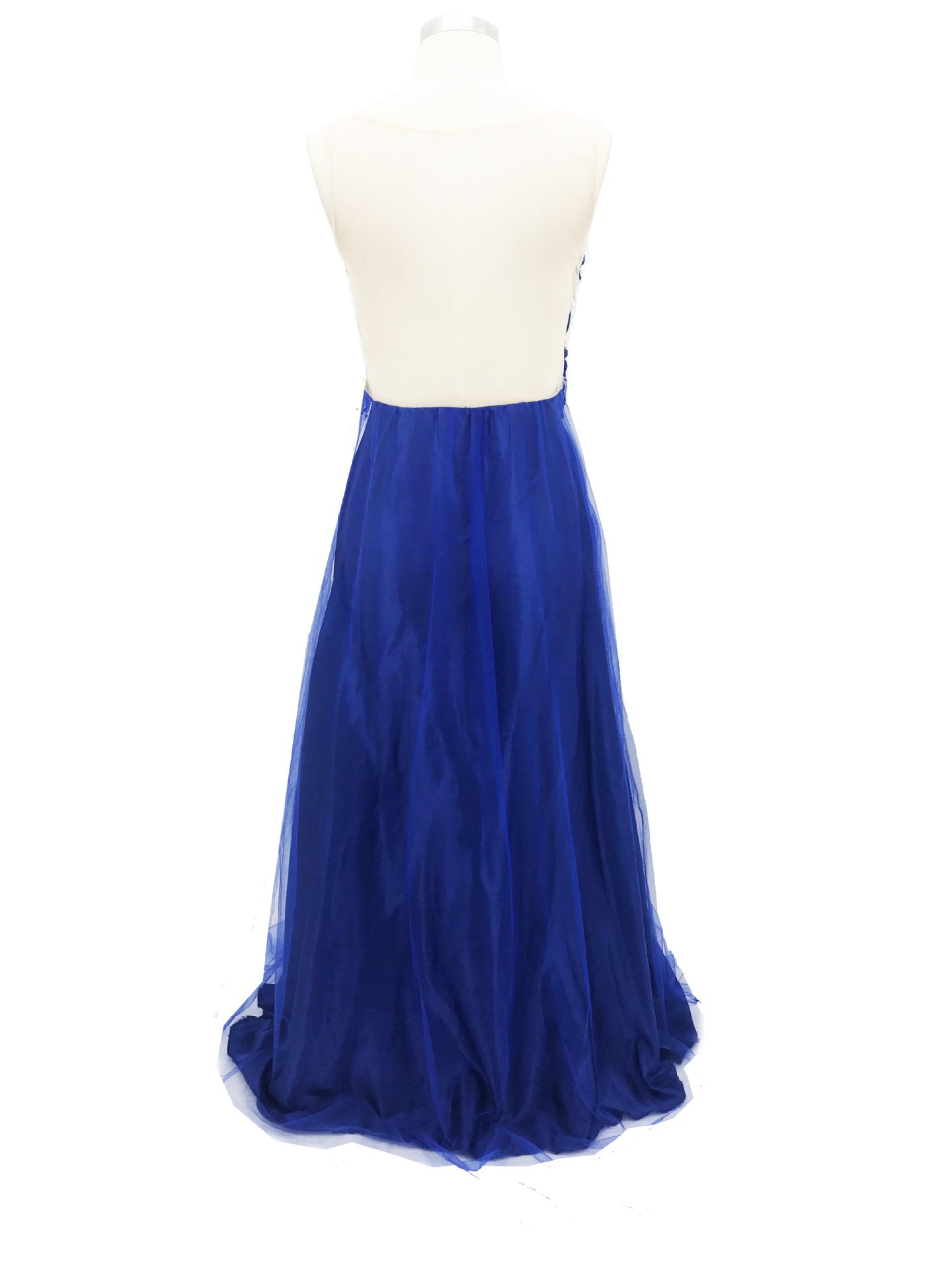 Abito lungo elegante blu in chiffon con perline e schiena scoperta a pois