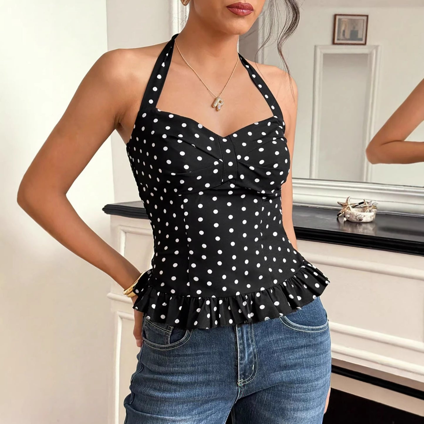 Top da donna a pois senza schienale con scollo all'americana