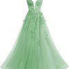 Women's Spaghetti Strap Tulle Long Applique Lace Dress With Long Dress