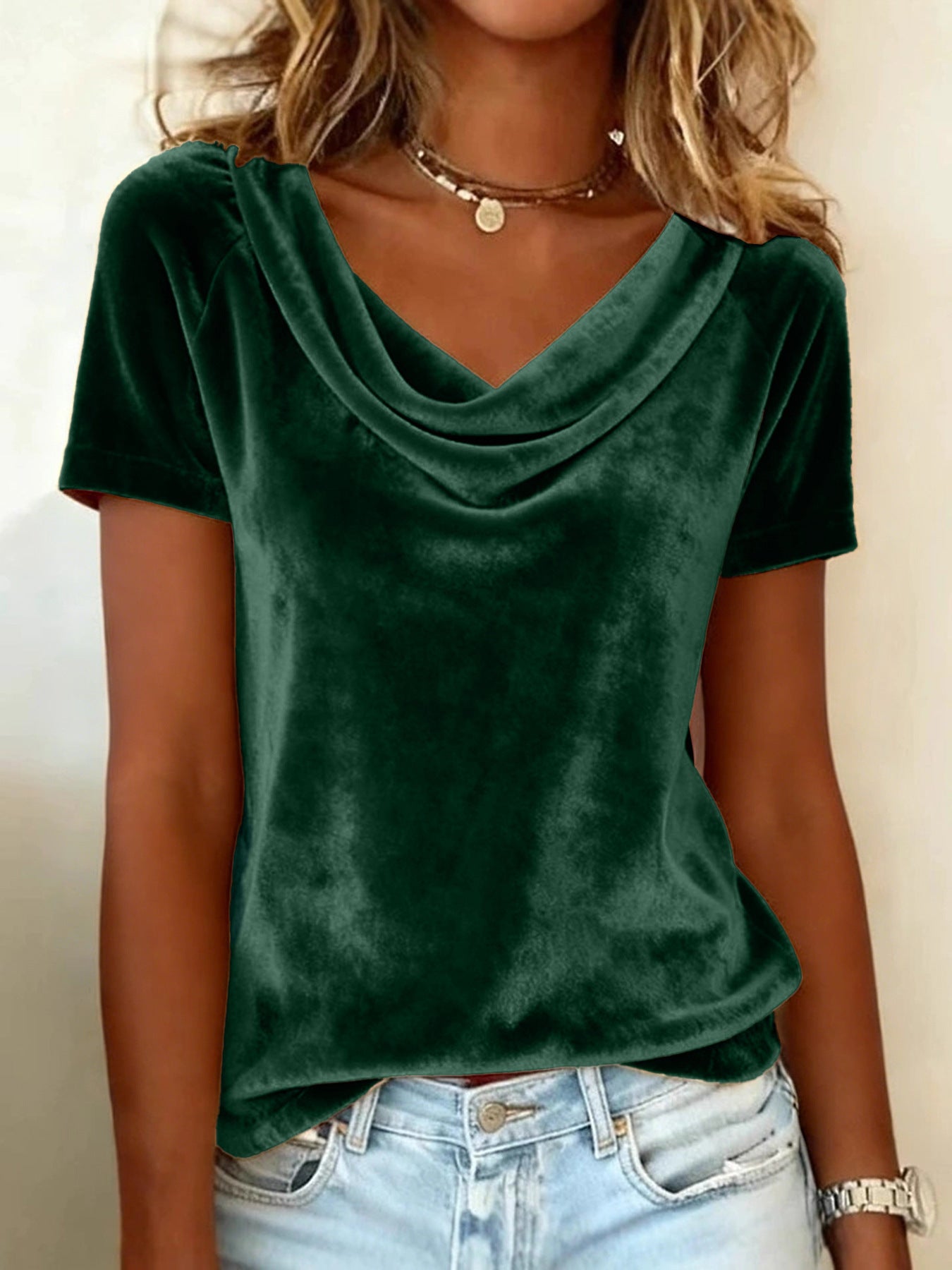 Nuova T-shirt in velluto sexy a maniche corte, girocollo, tinta unita