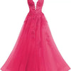 Women's Spaghetti Strap Tulle Long Applique Lace Dress With Long Dress