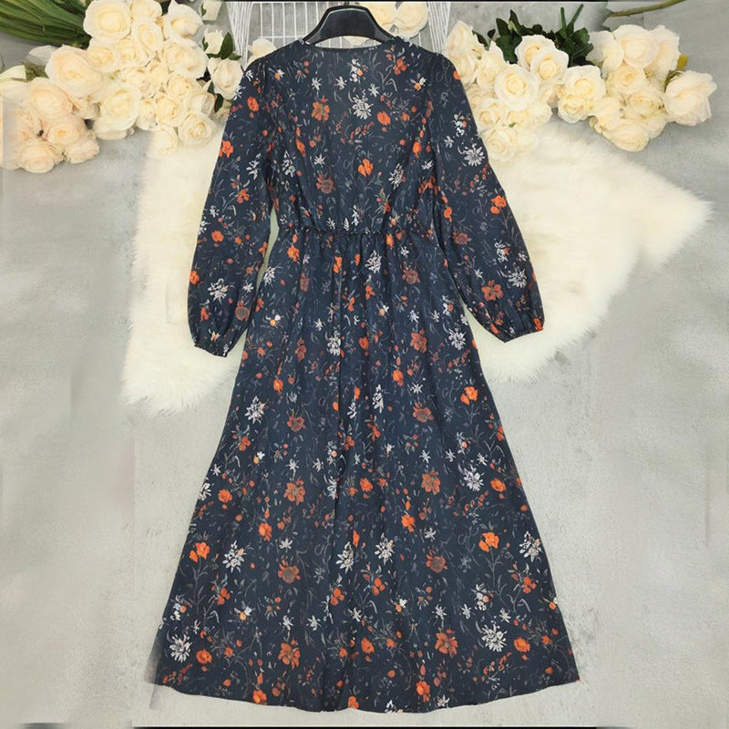 Women's Long Sleeve Vintage Print Long Dress