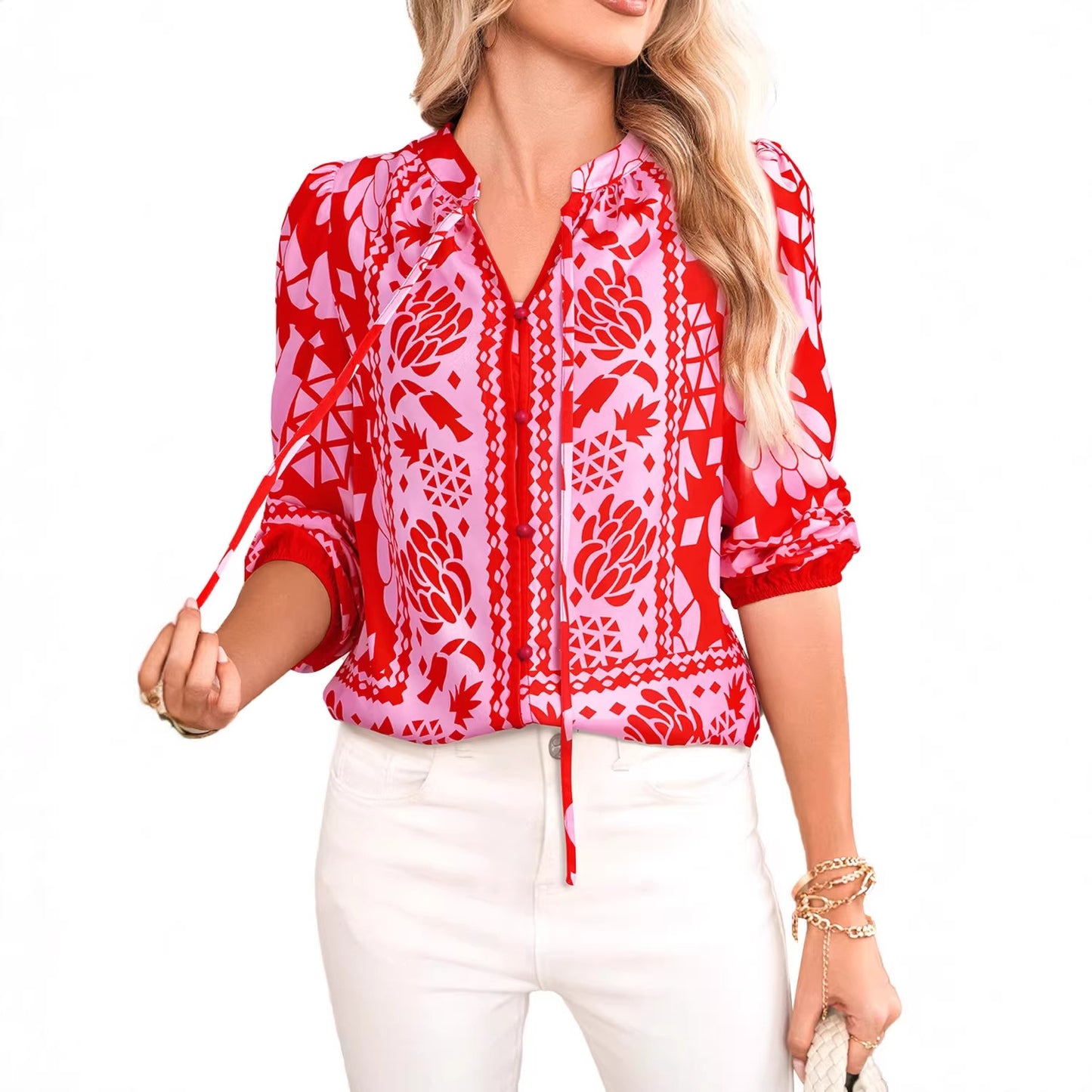Camicia cardigan da donna a maniche lunghe stampata con collo a punta