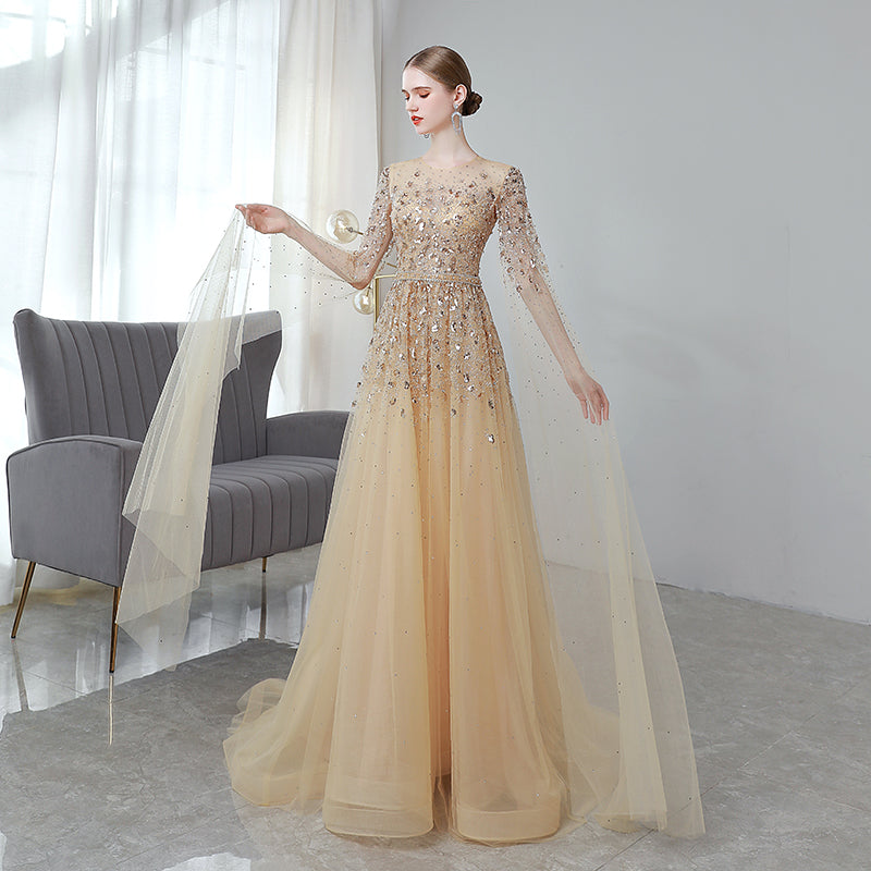 Vestito da Sera Lungo Elegante Maniche Svolazzanti Oro