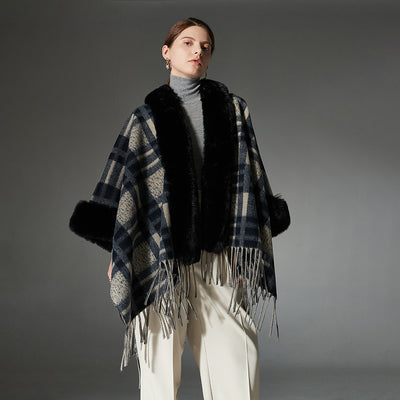 Plaid Navy Blue Fur Collar Shawl Warm