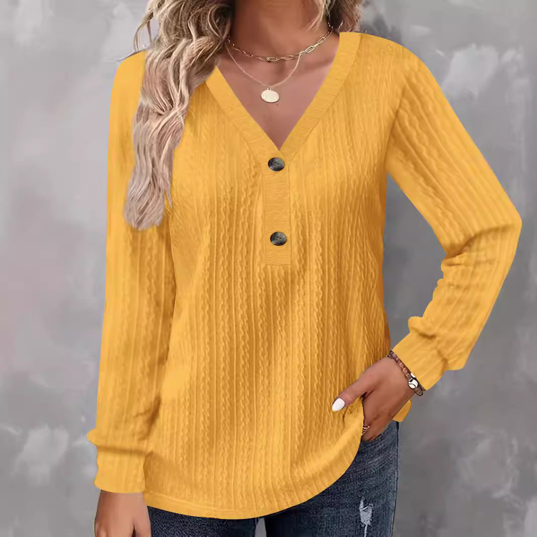 Camicia casual chic a maniche lunghe con scollo a V e bottoni in tinta unita