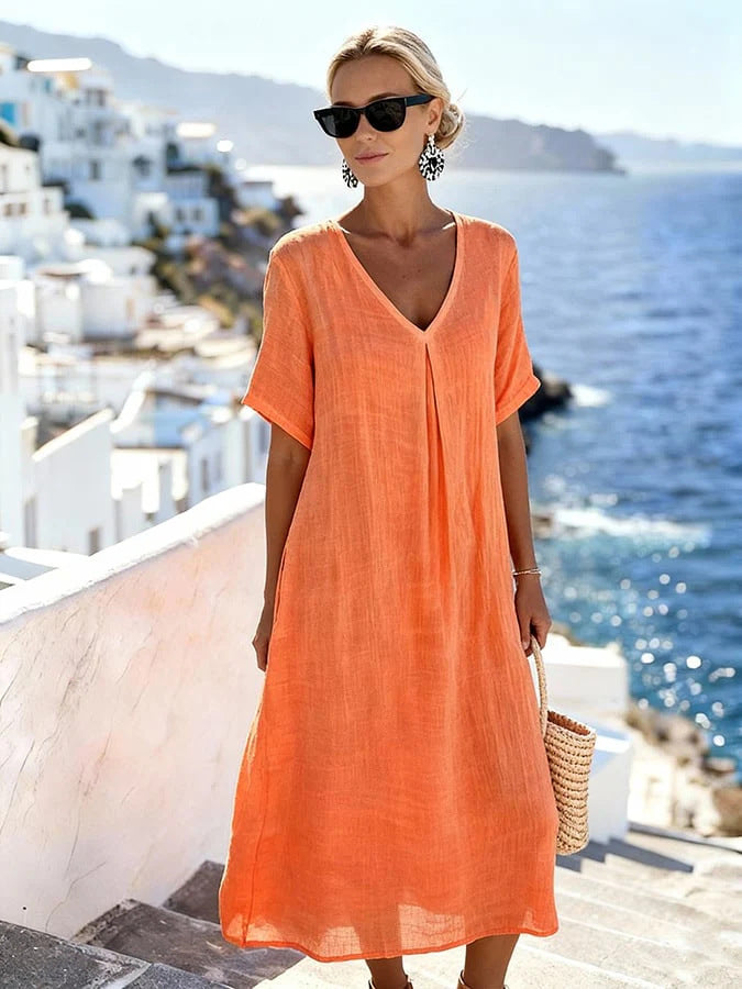 Casual Loose Fitting Long Skirt With Short Sleeves And A V Neck In Solid Color Cotton Linen Fabric