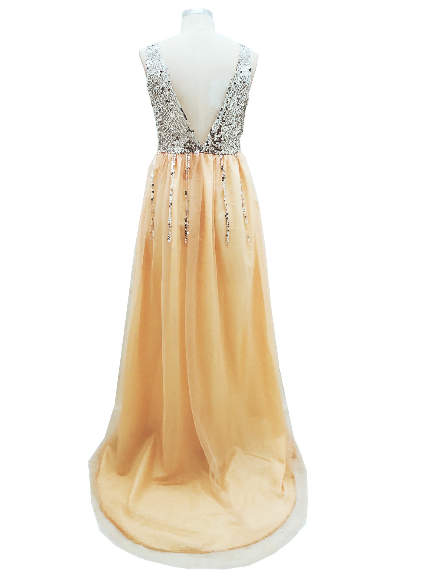 Vestito A Coda Di Rondine Lungo Fino Al Pavimento Con Paillettes E Scollo A V Anteriore E Posteriore, Grande Vendita