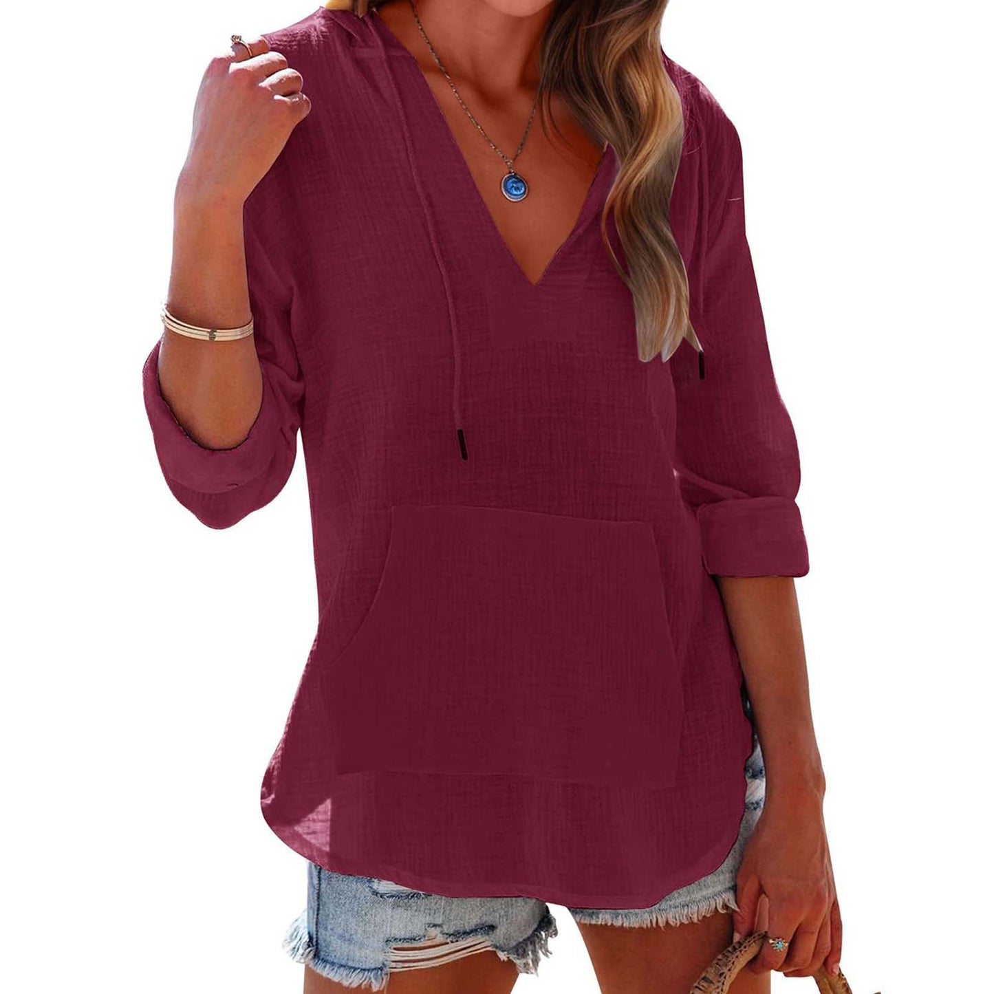Slub Cotton Solid Color Casual Women's Lightweight Breathable Long Sleeves