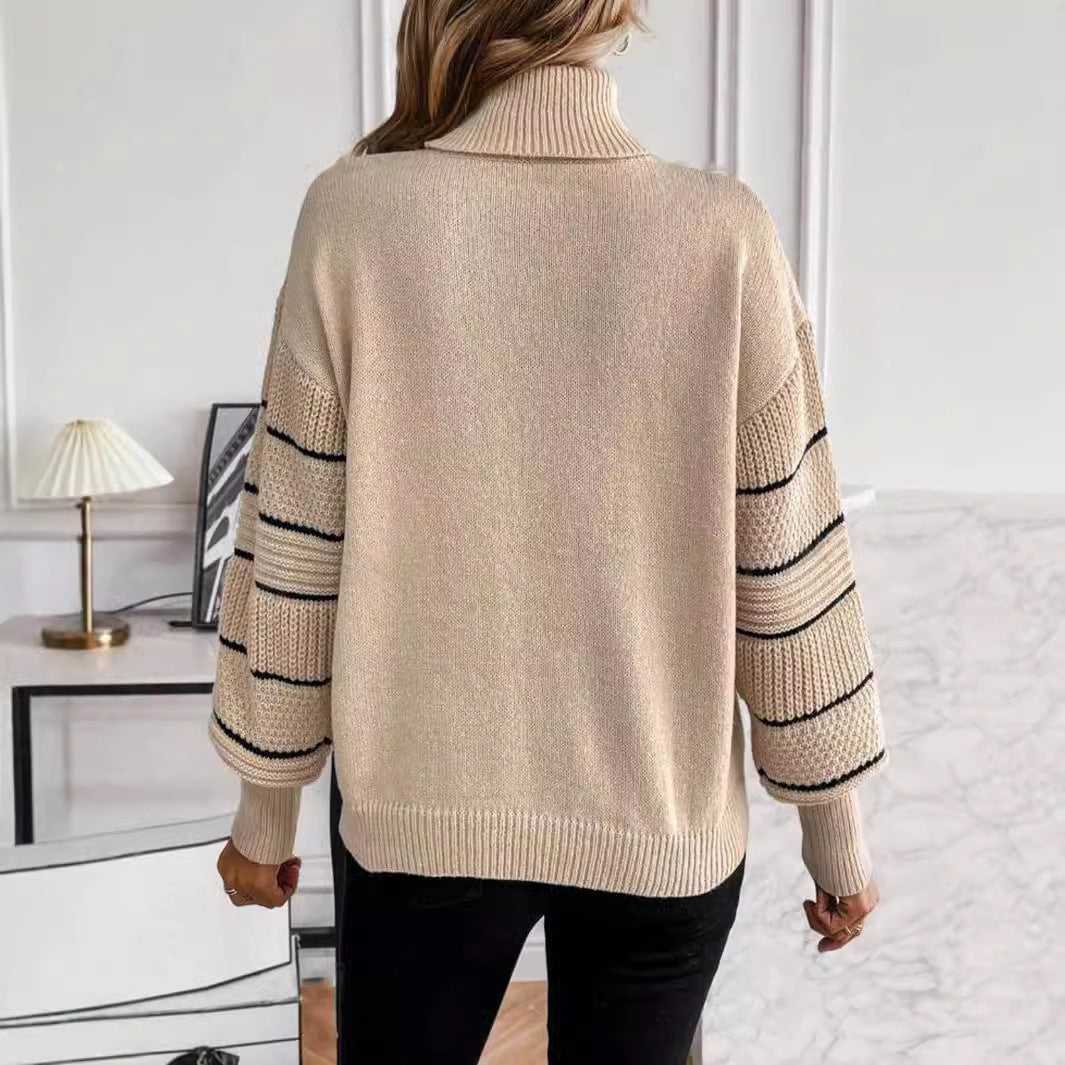Striped Turtleneck Drop-shoulder Pullover Long Sleeve