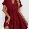 Sweet V-neck Solid Color Wide Hem Leisure Skirt Dress