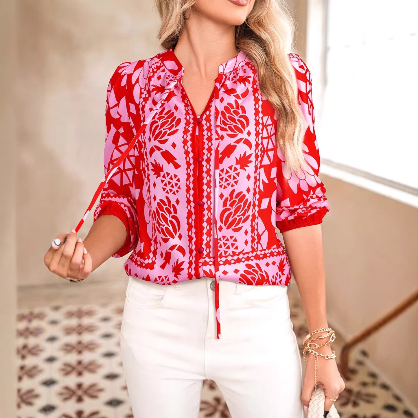 Camicia cardigan da donna a maniche lunghe stampata con collo a punta
