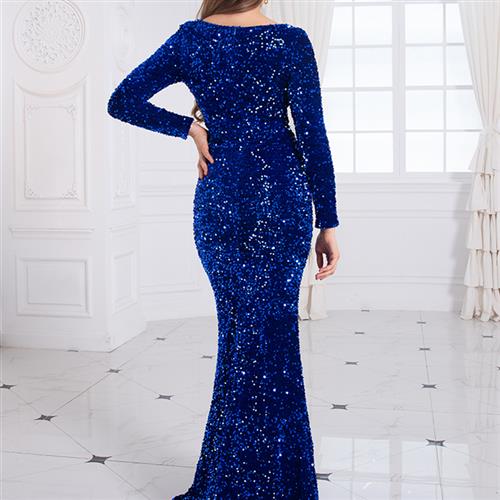 Vestito da sera da donna modesto elasticizzato con paillettes blu royal per balli e feste