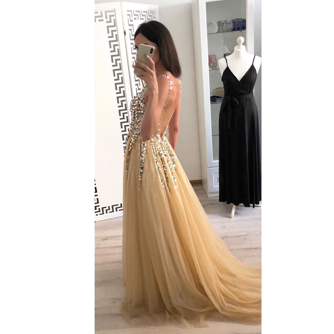 Vestito A Coda Di Rondine Lungo Fino Al Pavimento Con Paillettes E Scollo A V Anteriore E Posteriore, Grande Vendita