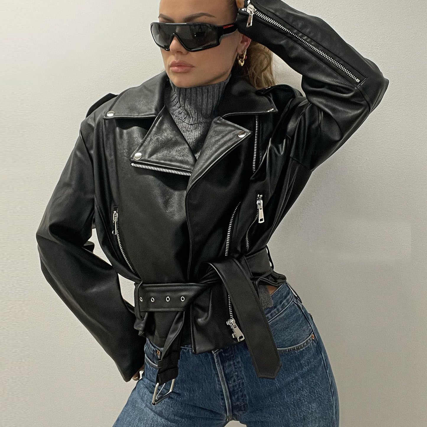 Punk Short Belt Lapel Locomotive Style Jacket