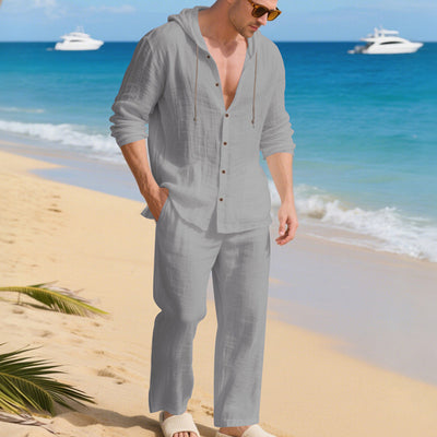 Set Casuale di Camicia a Maniche Lunghe con Cappuccio e Pantaloni in Lino Traspirante e Ampio