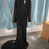 Vestito da sera lungo grigio con paillettes e maniche lunghe