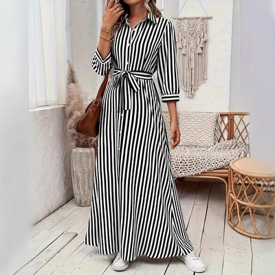 Womens Fashion Striped Cardigan Lapel Shirt Dress