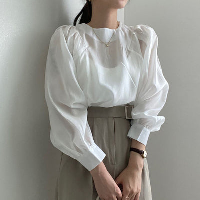 Women's Solid Color French Simplicity Round Neck Puff Sleeve Shirt
