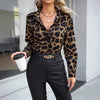 Camicia casual a maniche lunghe da donna con fibbia e colletto con stampa leopardata