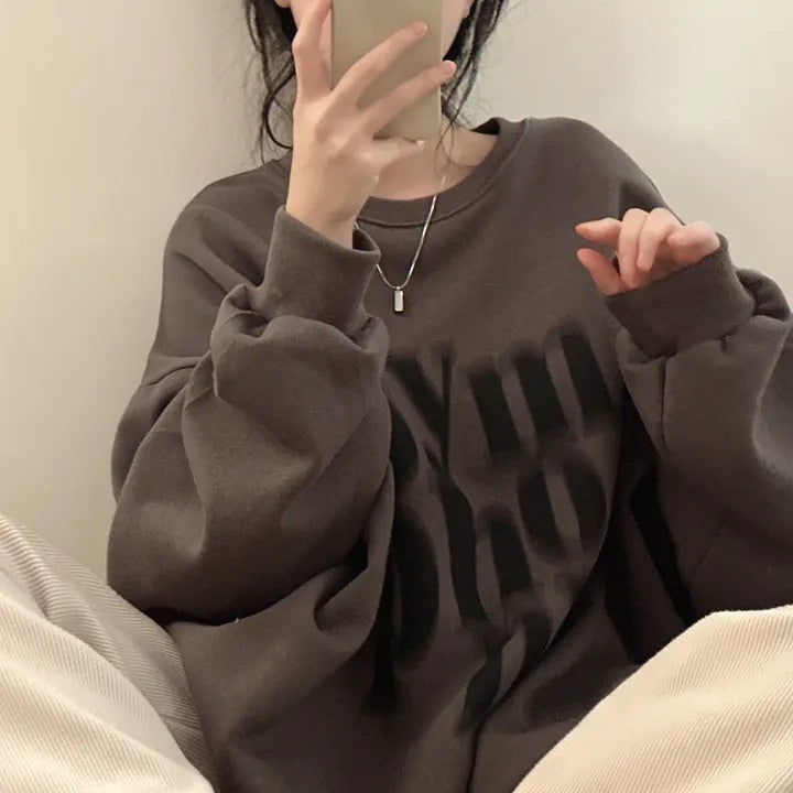 Printed Design Contrast Color Loose Casual Long Sleeves Pullover Sweater