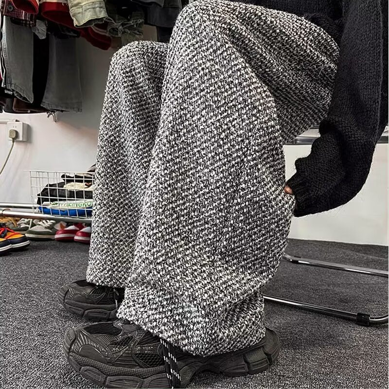 American Retro Houndstooth Woolen Wide-leg Pants Men