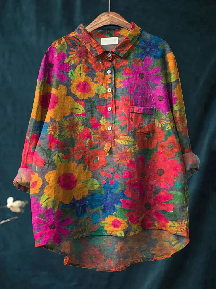 Camicia da donna estiva casual a maniche corte con stampa e colletto, taglia europea