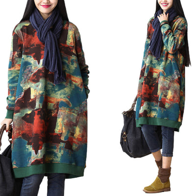 Loose Retro Fat Girl Ethnic Style Casual Cotton And Linen Printed Long-sleeved Dress