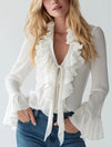 French-Elegant Solid-Color V-Neck Ruffle Blouse With Puff Sleeves