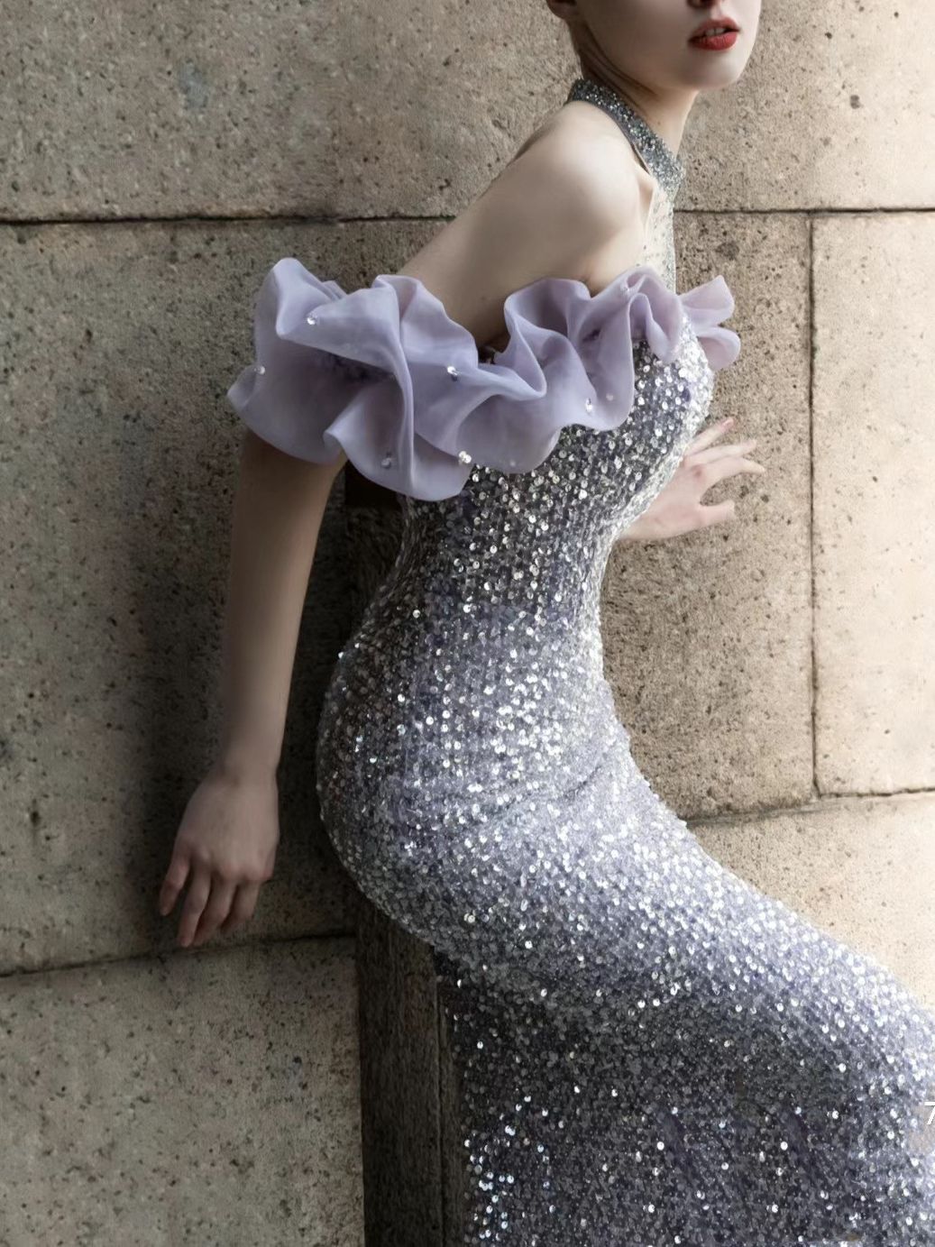 Vestito da sera con perline Purple Host Starry Sky Annual Meeting, modello a cavezza, da sfilata, a coda di sirena