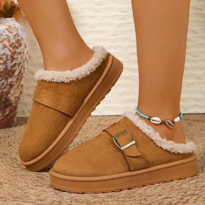 Thick Bottom Belt Buckle Fleece-lined Closed Toe Female Cotton Slippers