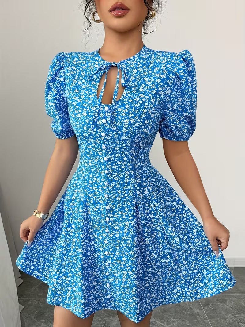 Womens Fashionable Printed Slim-Fit Pleated Dress