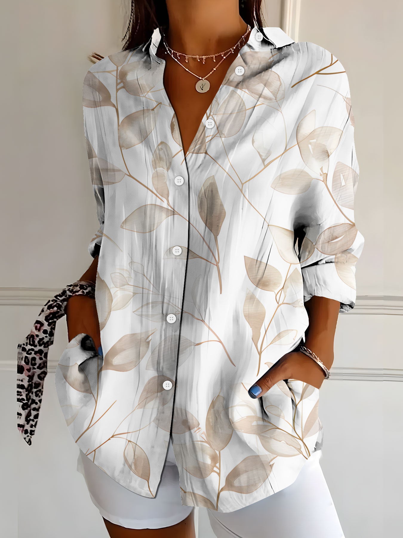 Camicia da donna a maniche lunghe, stampa floreale retrò ed elegante