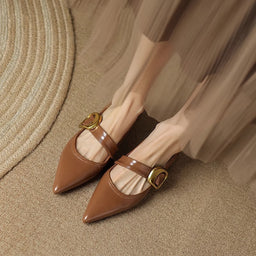 French Style Pointed Toe Shallow Mouth Low Heel Buckle Leather Shoes