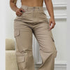 Brown Casual High Waist Work Clothes Patch Pocket Wide Leg Trousers