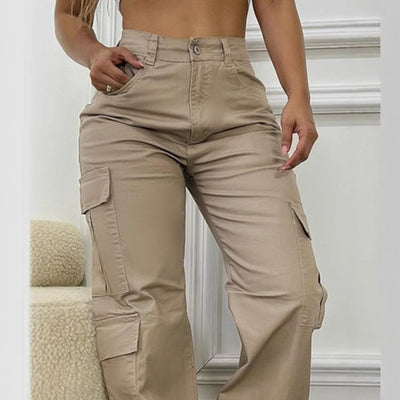 Brown Casual High Waist Work Clothes Patch Pocket Wide Leg Trousers